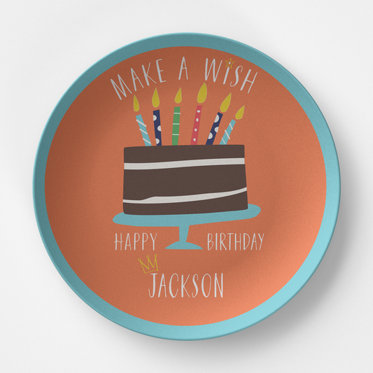 Happy Birthday Make a Wish Orange & Blue Personalized Kids Plate from Happy Yellow Paper