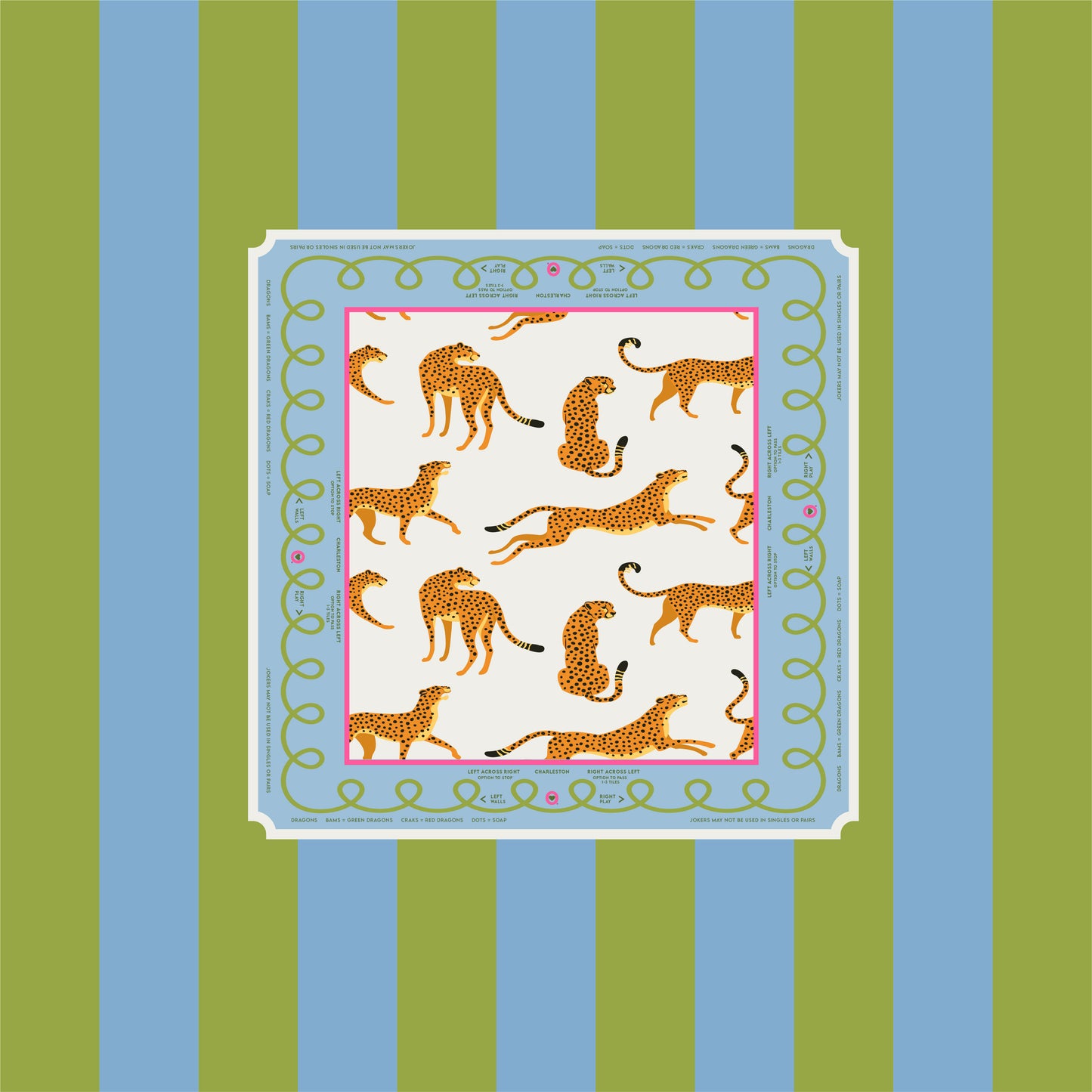 Mahjong Tablecloth – 58" x 58" – Leopard Green & Blue Stripe (Cotton)