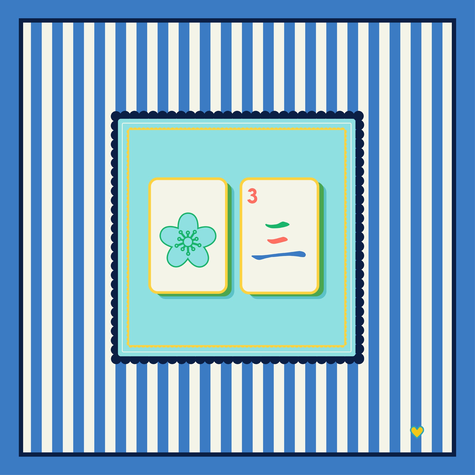 Two colorful Mahjong Tiles on a blue background with white stripes - - Happy Yellow Paper Mahjong Tablecloth