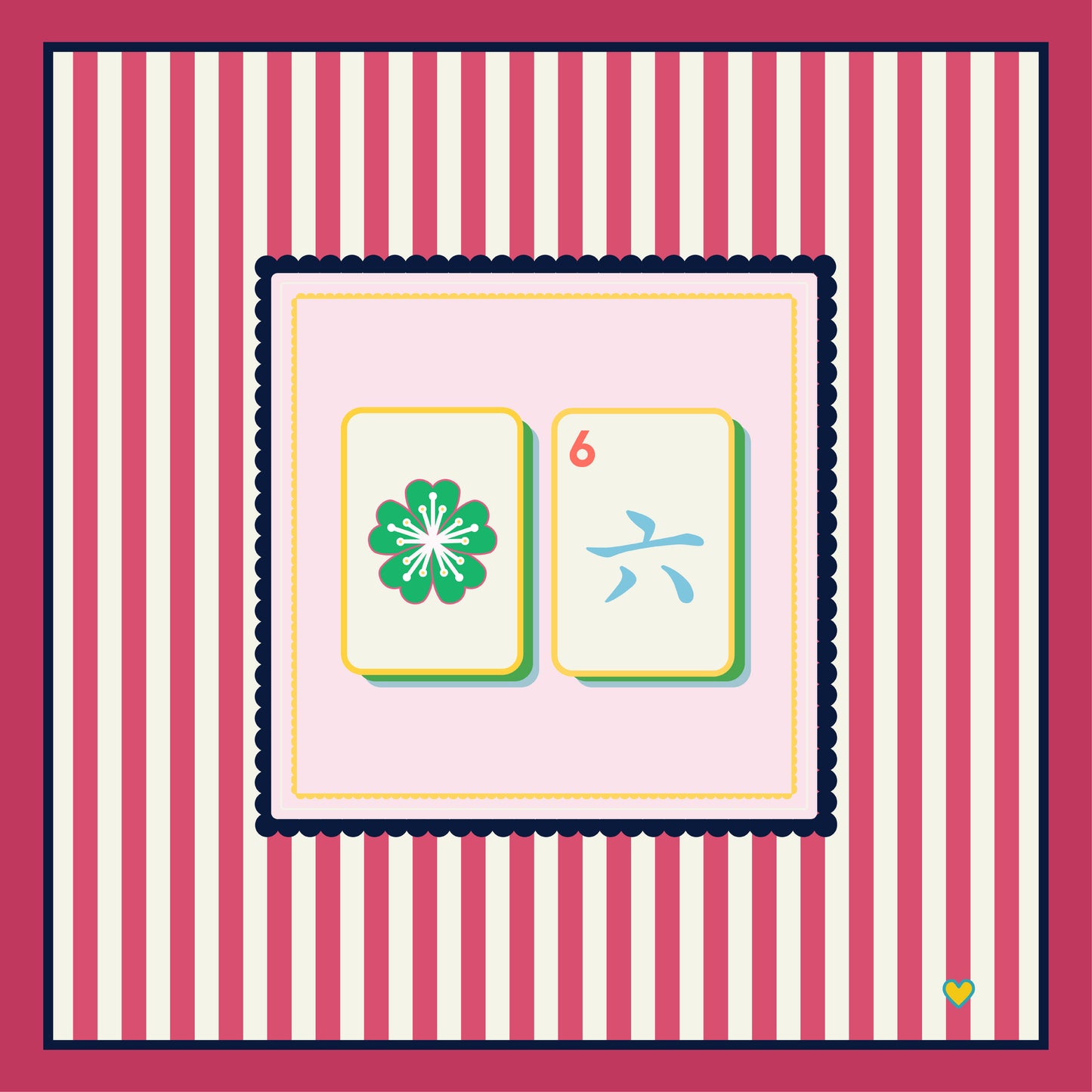 Two Mahjong Tiles, one with a green flower and the other with the number 6 Chinese character on a pink background with berry and white striped border. - Happy Yellow Paper