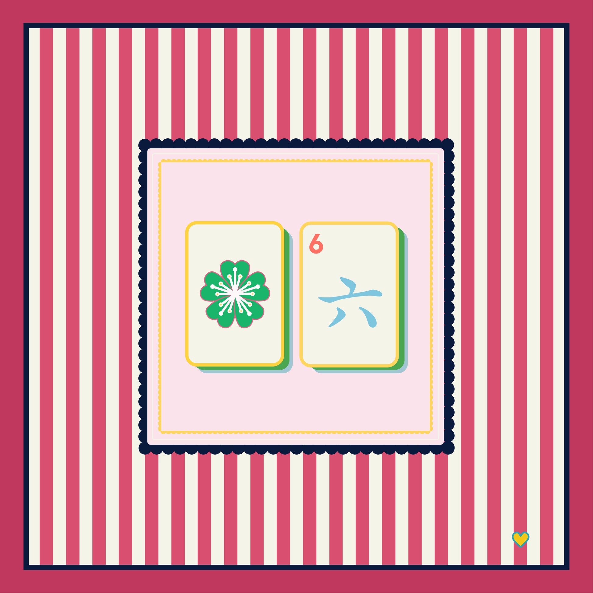 Two Mahjong Tiles, one with a green flower and the other with the number 6 Chinese character on a pink background with berry and white striped border. - Happy Yellow Paper