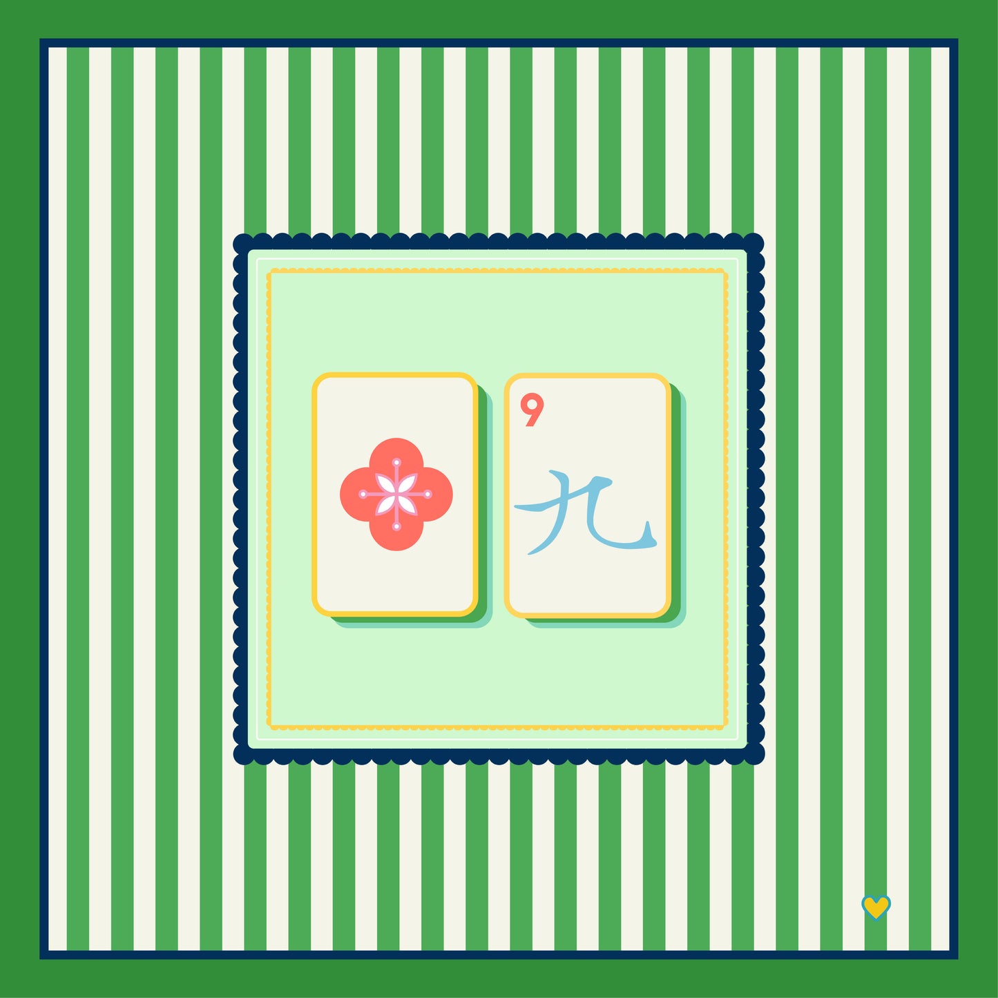 Two Mahjong tiles on a green and white striped background - Happy Yellow Paper Mahjong Tablecloth