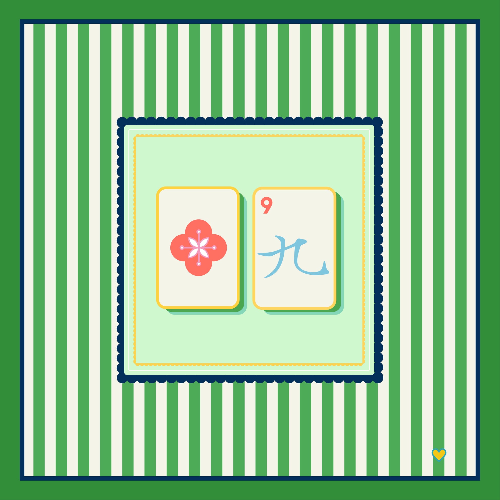 Two Mahjong tiles on a green and white striped background - Happy Yellow Paper Mahjong Tablecloth