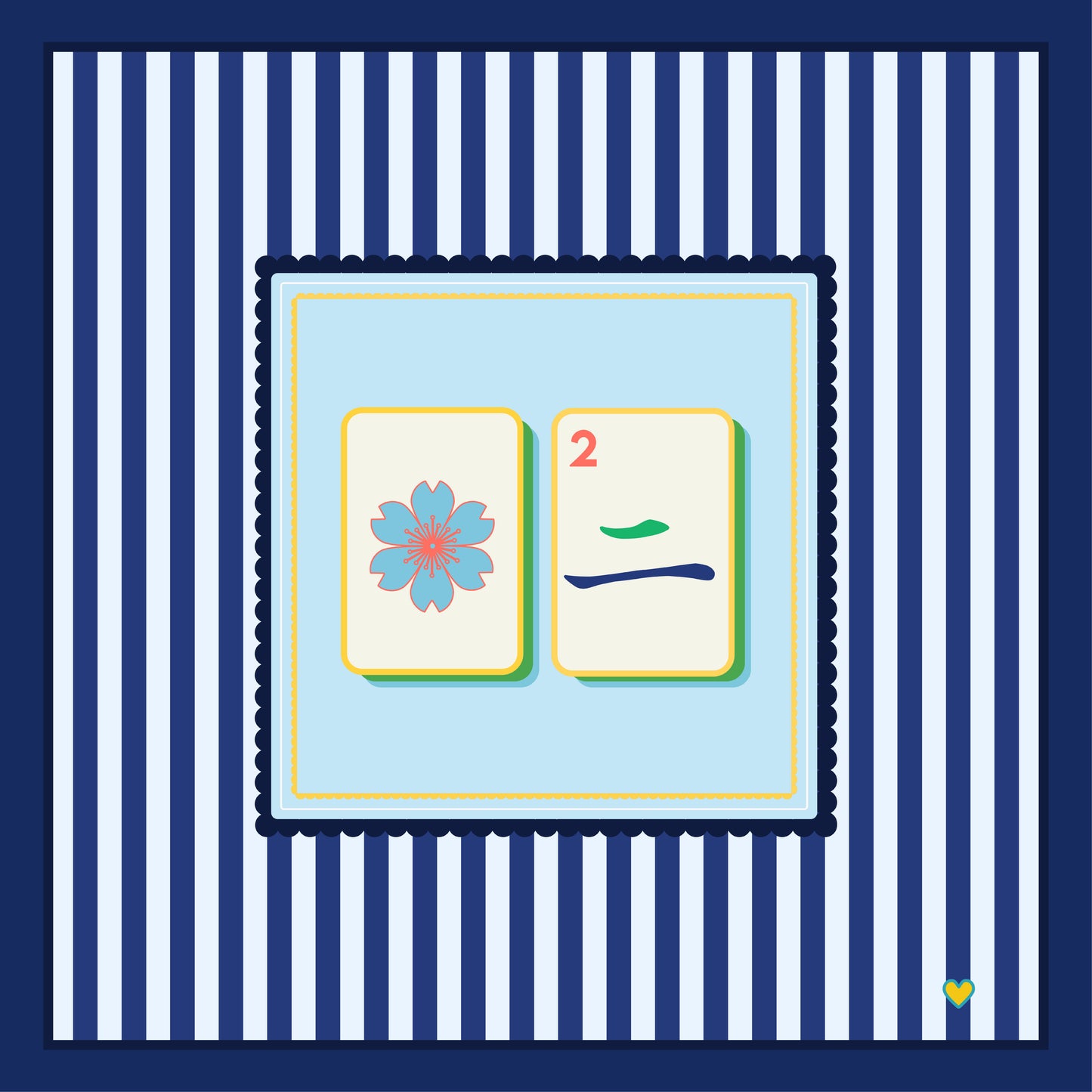 Two colorful Mahjong tiles with a blue and white striped background - Happy Yellow Paper Mahjong Tablecloth
