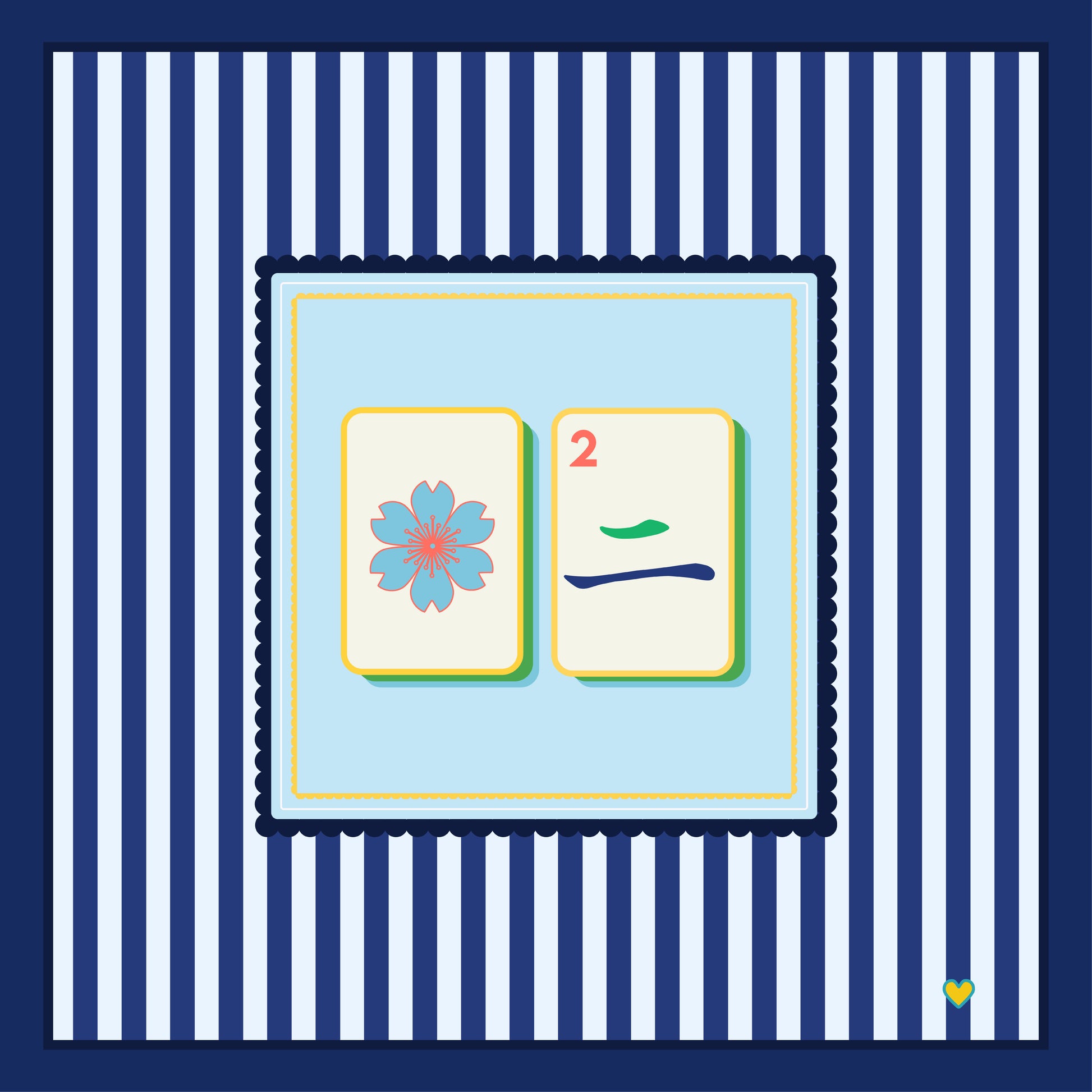 Two colorful Mahjong tiles with a blue and white striped background - Happy Yellow Paper Mahjong Tablecloth