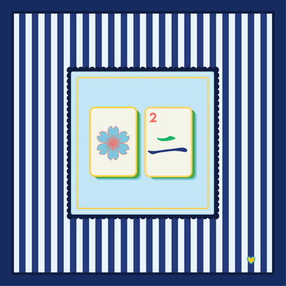 Two colorful Mahjong tiles with a blue and white striped background - Happy Yellow Paper Mahjong Tablecloth