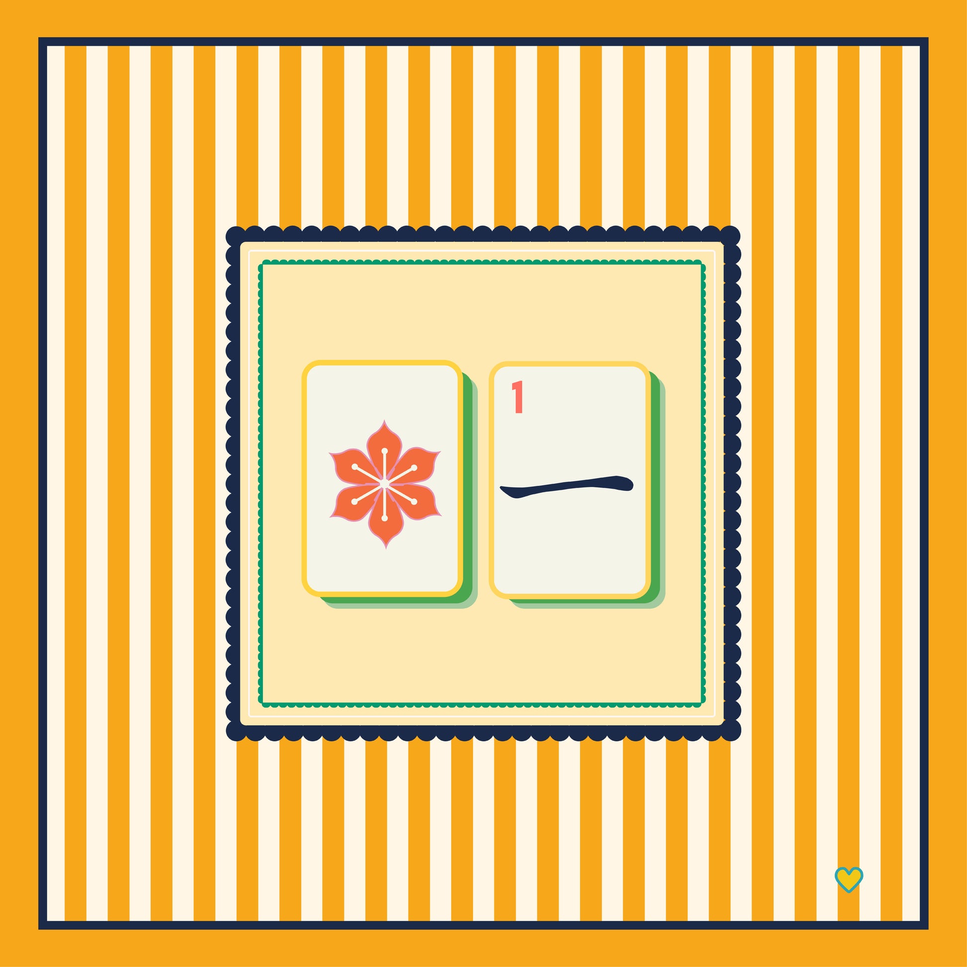 Mahjong tile design with a red flower and number one Chinese crak tile over a yellow and white striped background - Happy Yellow Paper Mahjong tablecloth