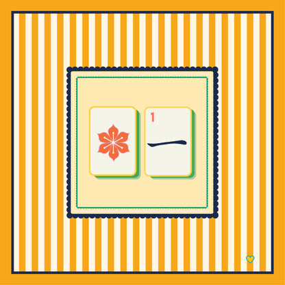 Mahjong tile design with a red flower and number one Chinese crak tile over a yellow and white striped background - Happy Yellow Paper Mahjong tablecloth