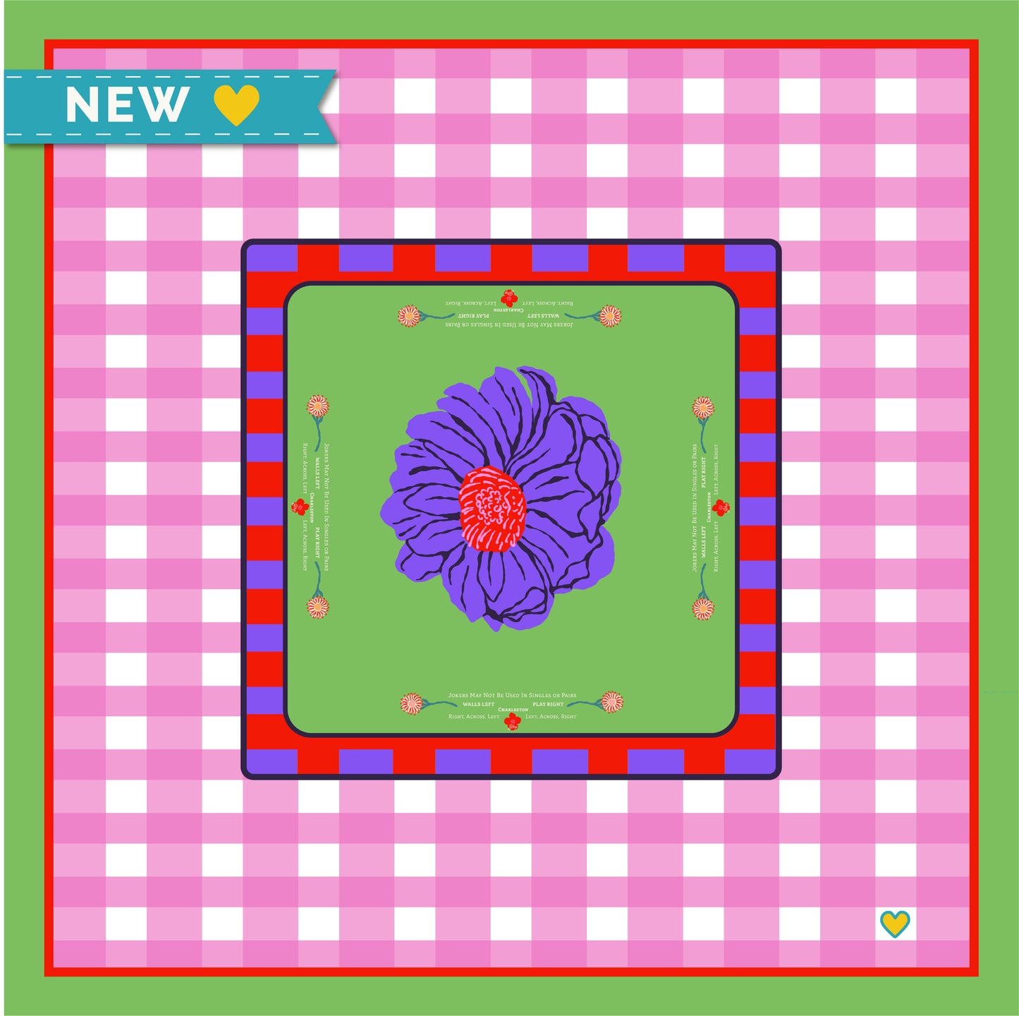 Colorful card with a purple flower design on a pink and green checkered background - Happy Yellow Paper