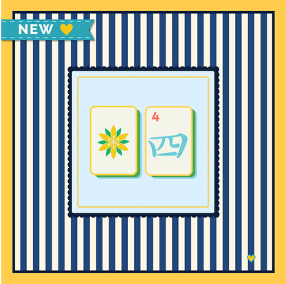 Decorative cotton tablecloth with Mahjong tiles on a blue background with yellow border, against a striped yellow and blue background - Happy Yellow Paper