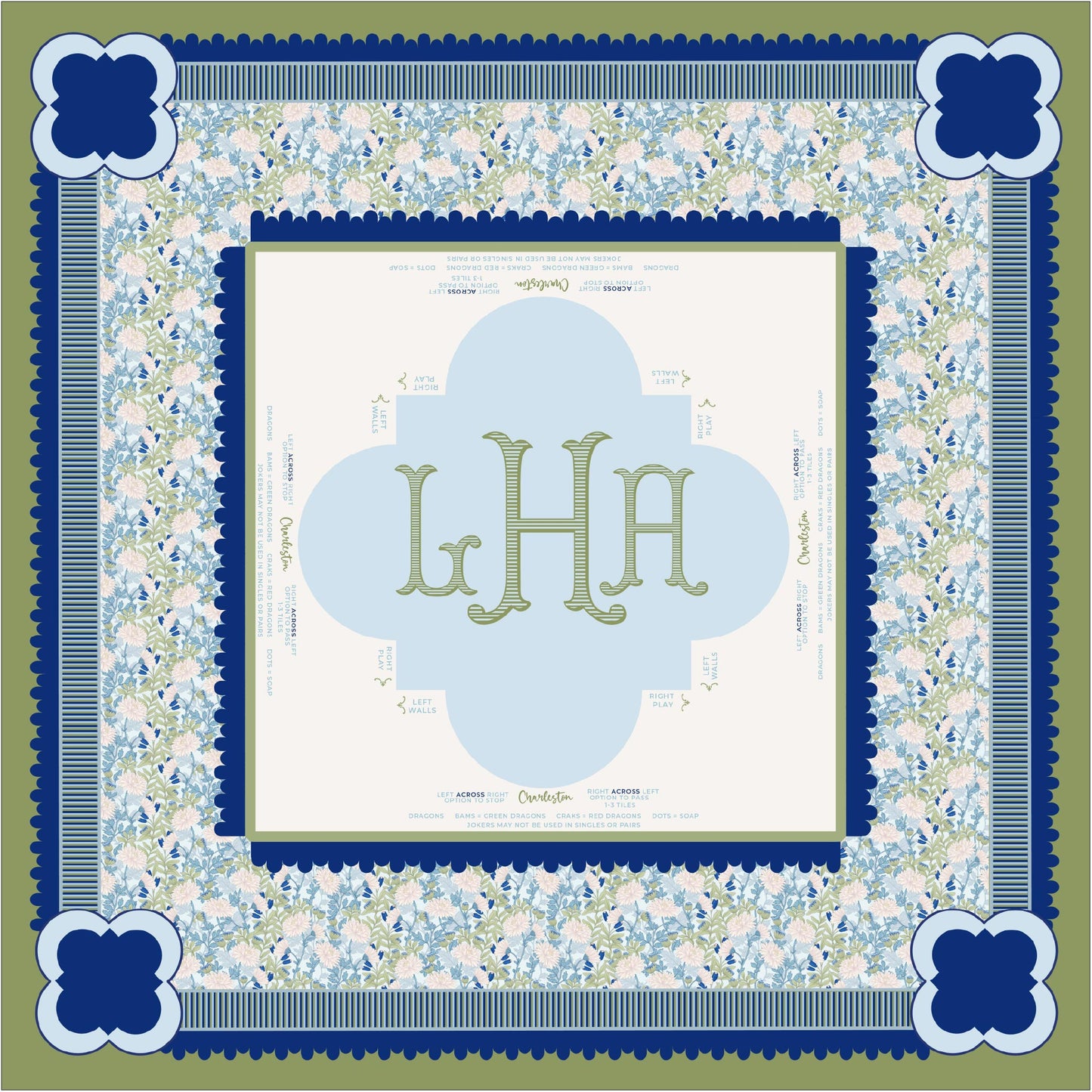 Preppy Instructional Mahjong Tablecloth | Blue & Green With Monogram