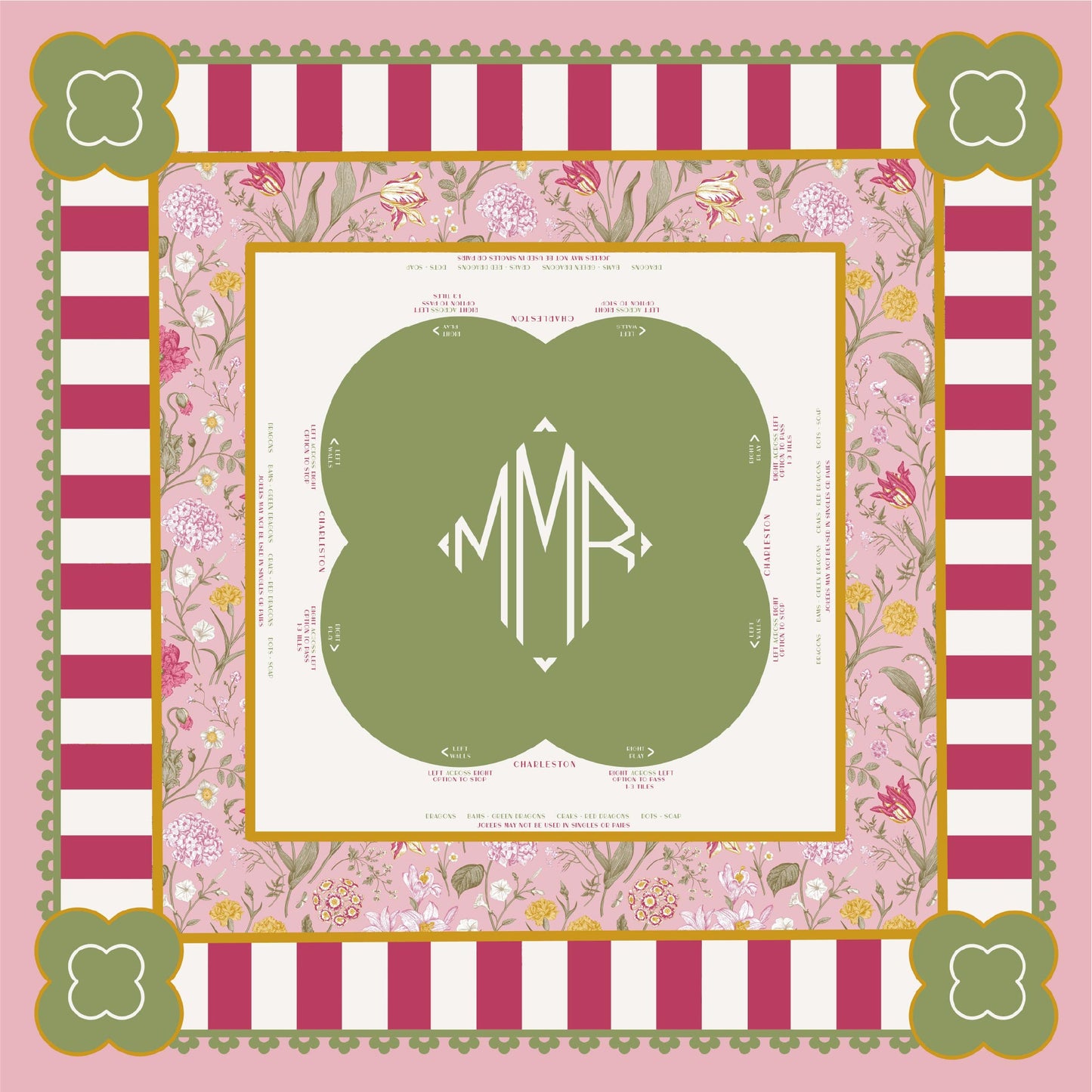 Pink and green chinoiserie Mahjong tablecloth with striped border and monogram. Happy Yellow Paper