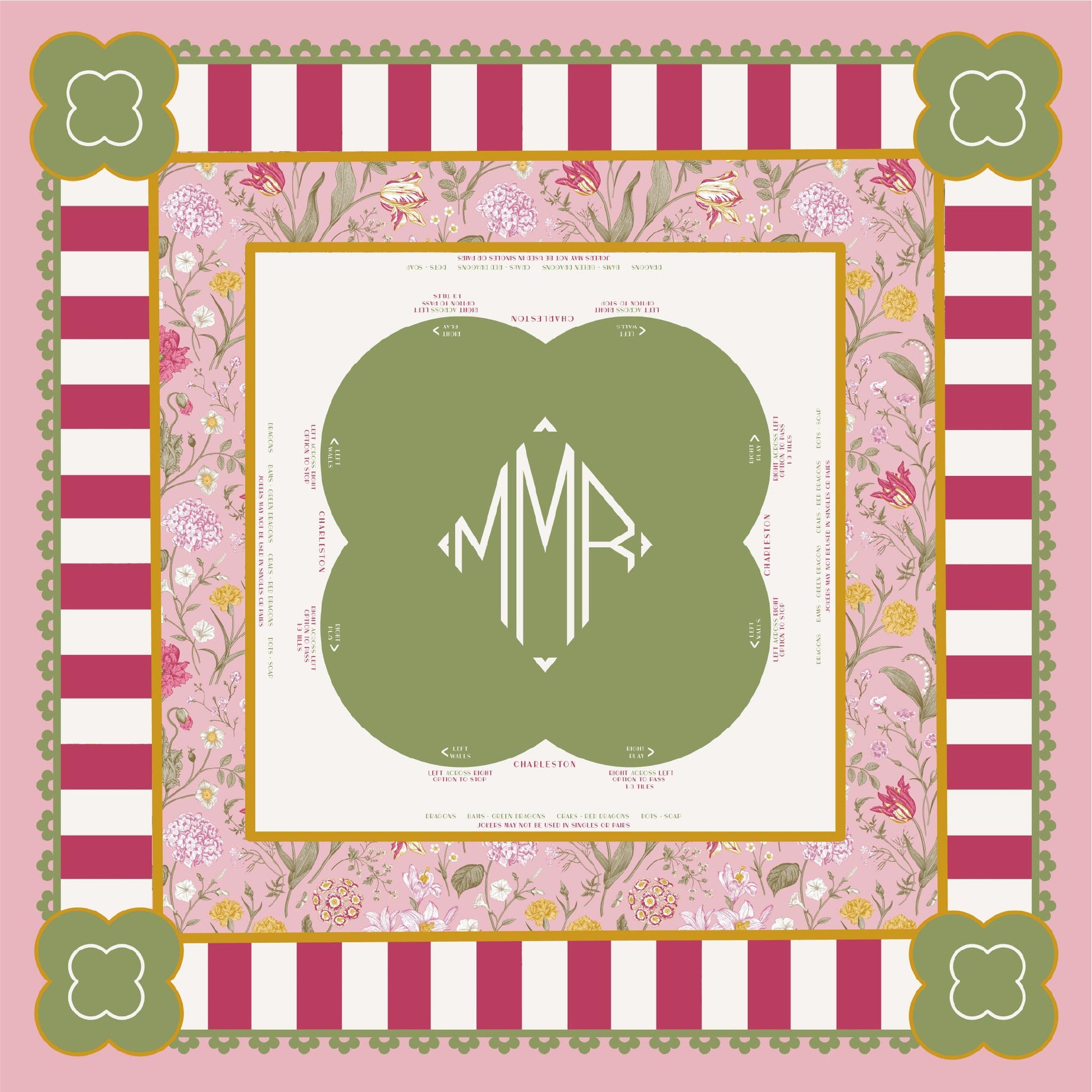 Pink and green chinoiserie Mahjong tablecloth with striped border and monogram. Happy Yellow Paper