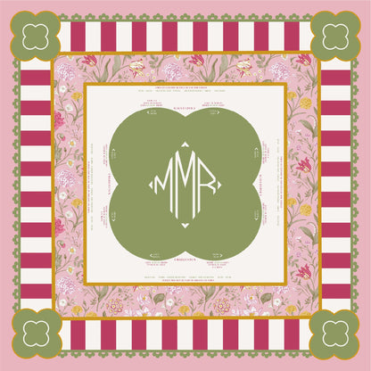 Pink and green chinoiserie Mahjong tablecloth with striped border and monogram. Happy Yellow Paper