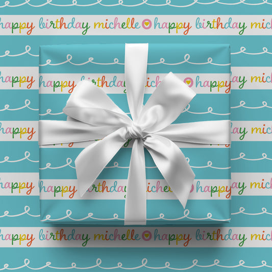 Happy Birthday Blue Stripe Personalized Gift Wrap