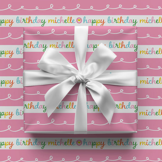 Happy Birthday Pink Stripe Personalized Gift Wrap