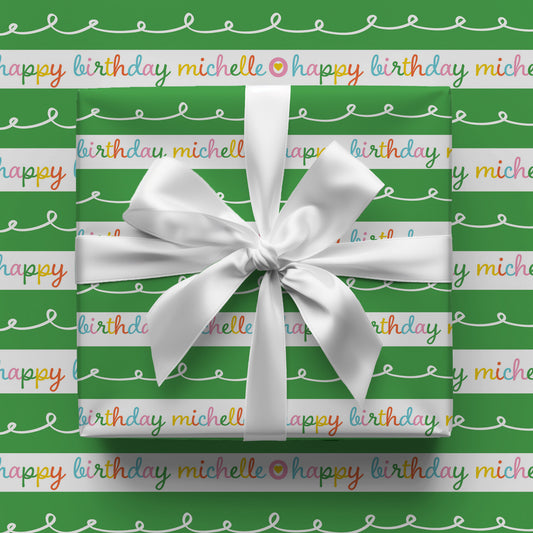 Happy Birthday Green Stripe Personalized Gift Wrap