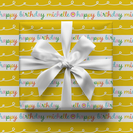 Happy Birthday Yellow Stripe Personalized Gift Wrap